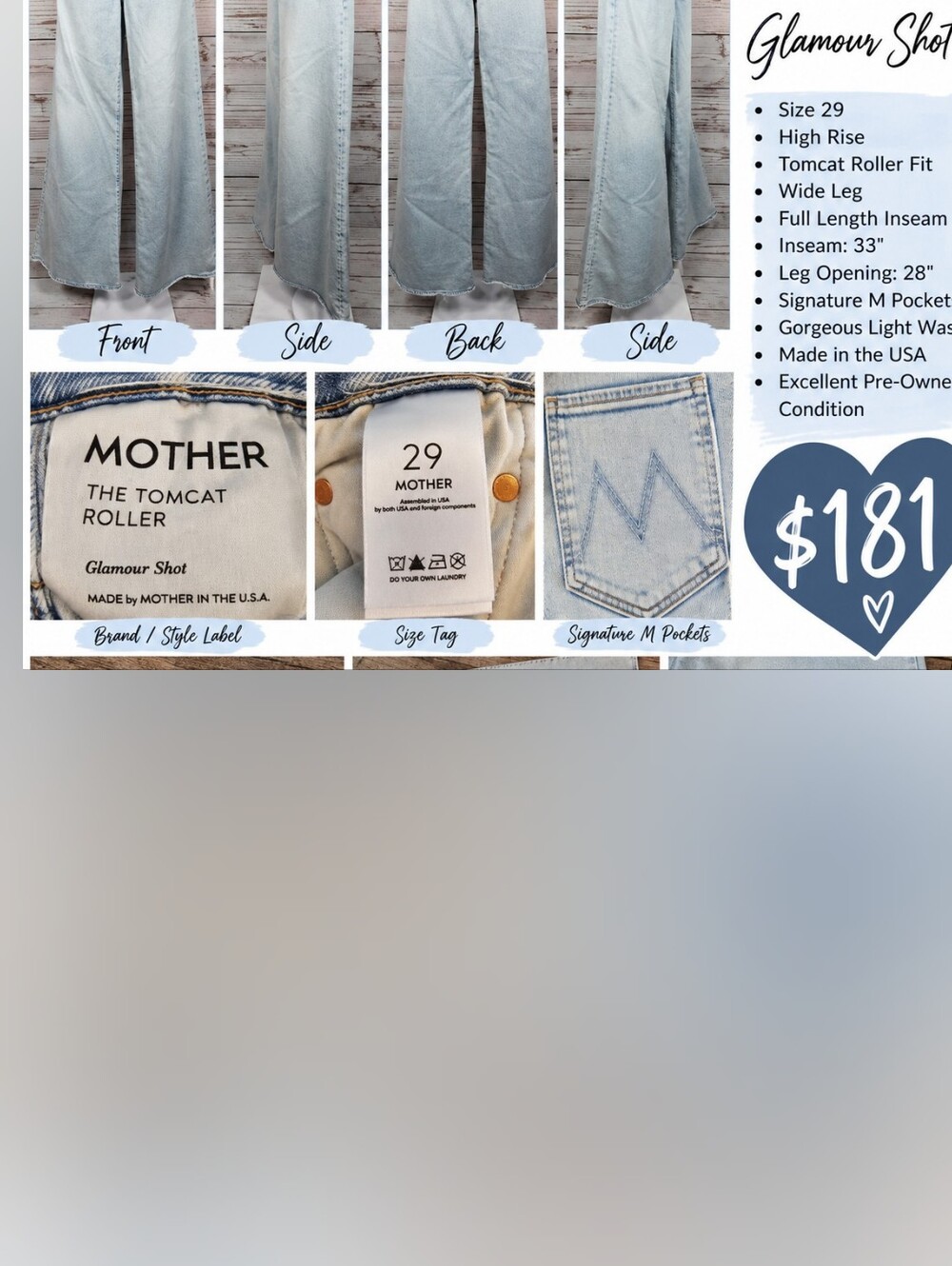 MOTHER The Tomcat Roller High Rise Wide Leg Jeans 29 Glamour Shot